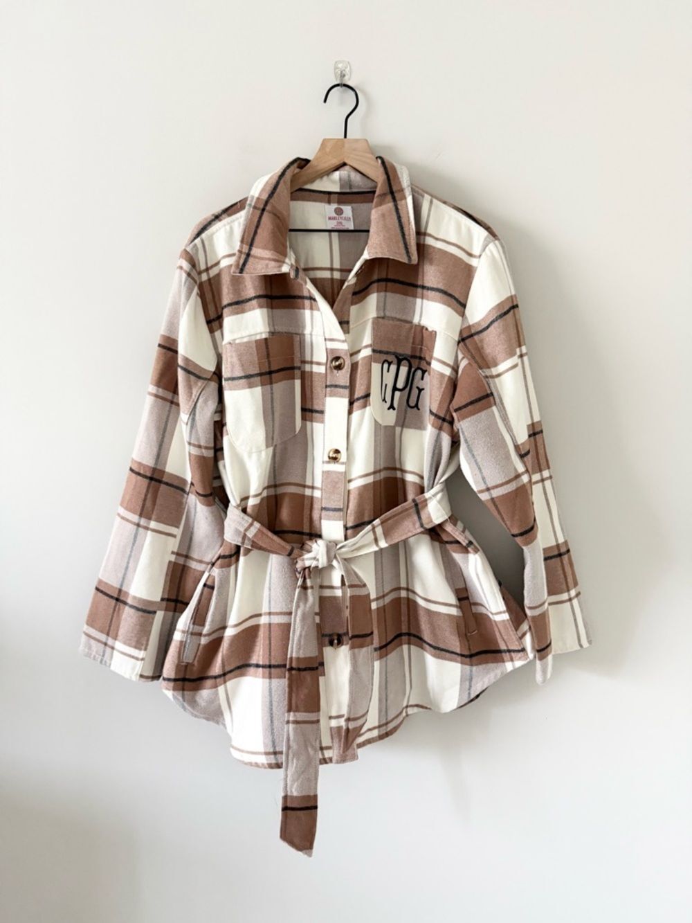 Marley Lilly Monogram "CPG" Plaid Belted Shirt Flannel Jacket in Brown Cream 2XL